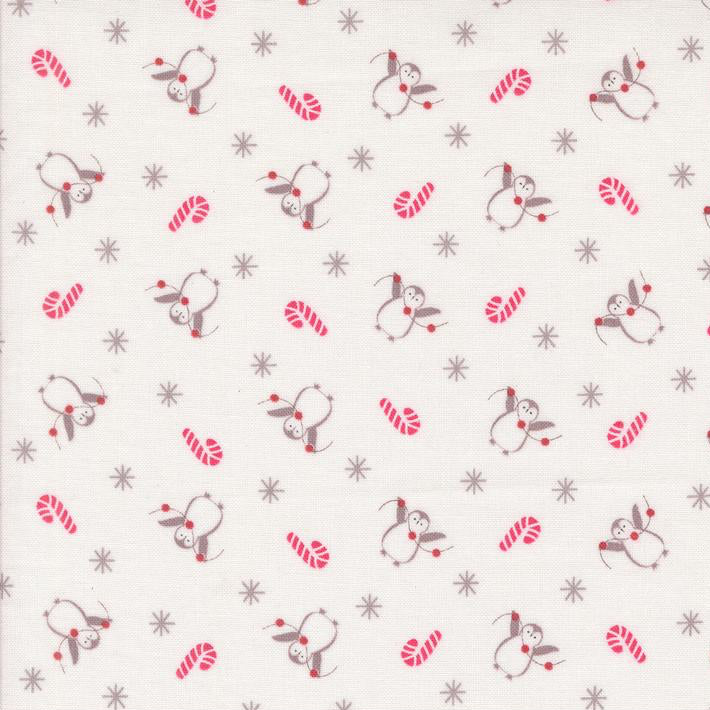 Christmas-themed fabric pattern with snowmen, candy canes, and stars on a white background.