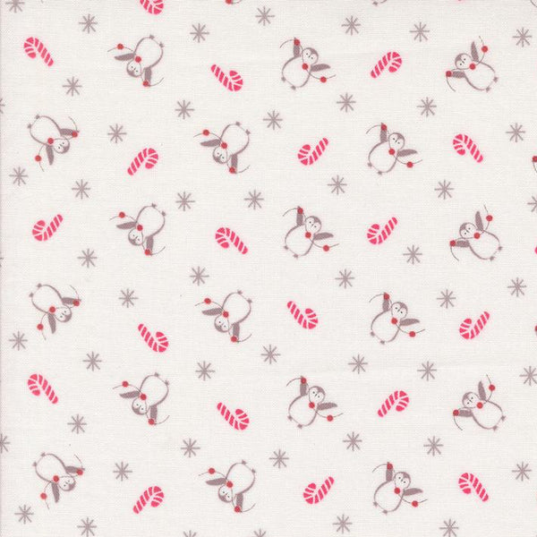 Christmas-themed fabric pattern with snowmen, candy canes, and stars on a white background.