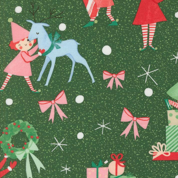 Christmas-themed fabric pattern with elves, reindeer, bows, and wreaths on a green background.