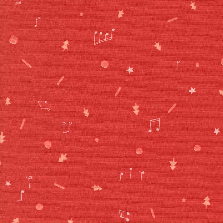 Red fabric with white musical notes and shapes