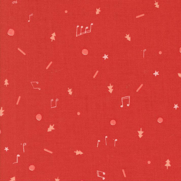 Red fabric with white musical notes and shapes