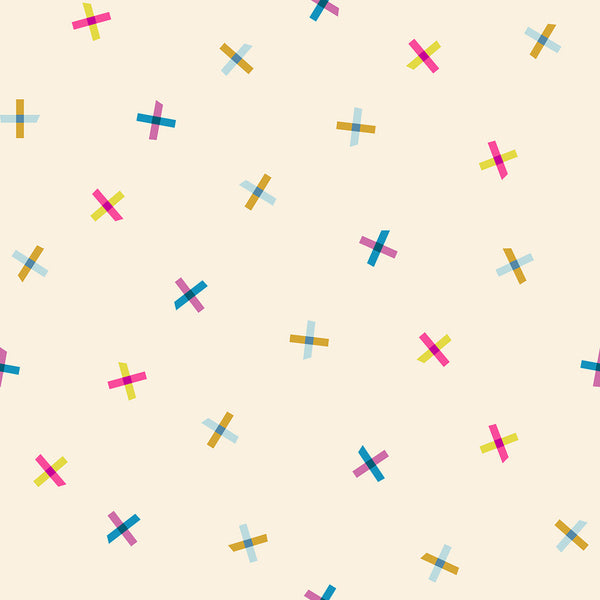 Pattern of colorful geometric shapes on a beige background