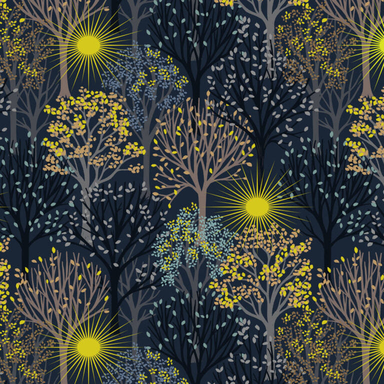 Pattern of stylized trees and glowing yellow stars on a dark background