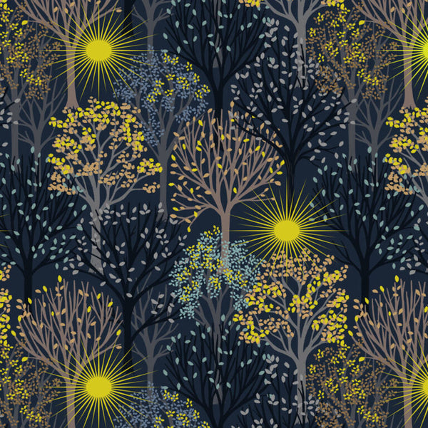Pattern of stylized trees and glowing yellow stars on a dark background
