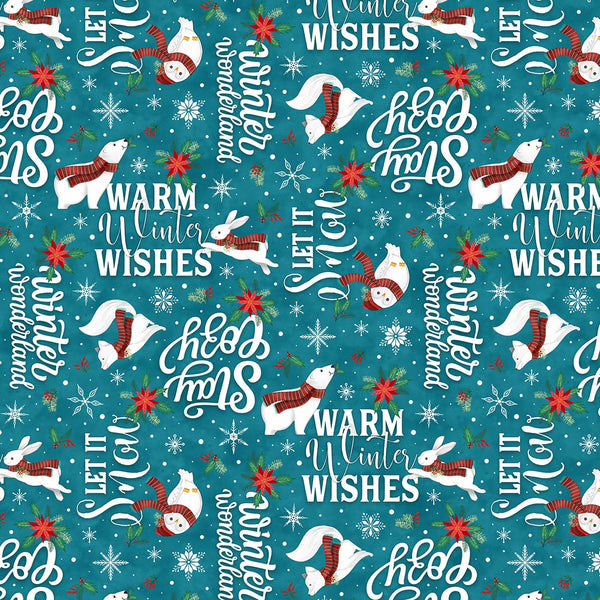 Woodland Wishes - Words Teal - Cotton Fabric