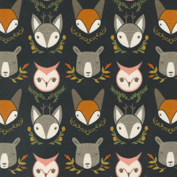 Woodland Wonder by Gingiber - Animal Heads Midnight - Cotton Fabric