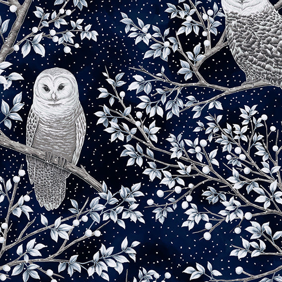 Midnight Perch - Silver - Cotton Fabric