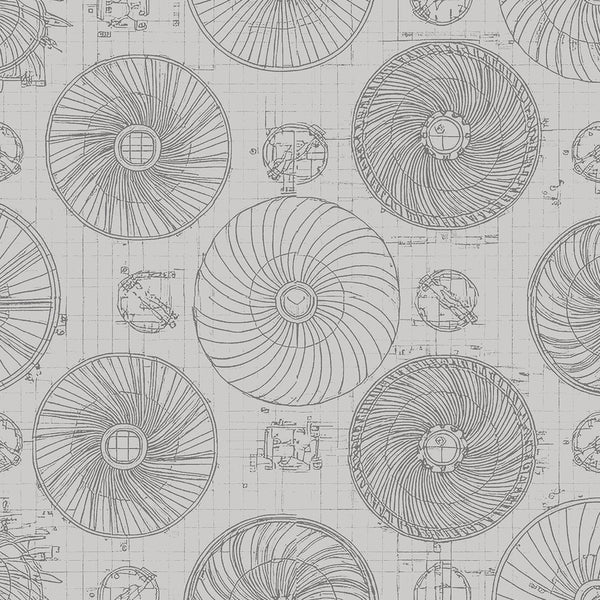 Pattern of circular designs on a technical drawing background
